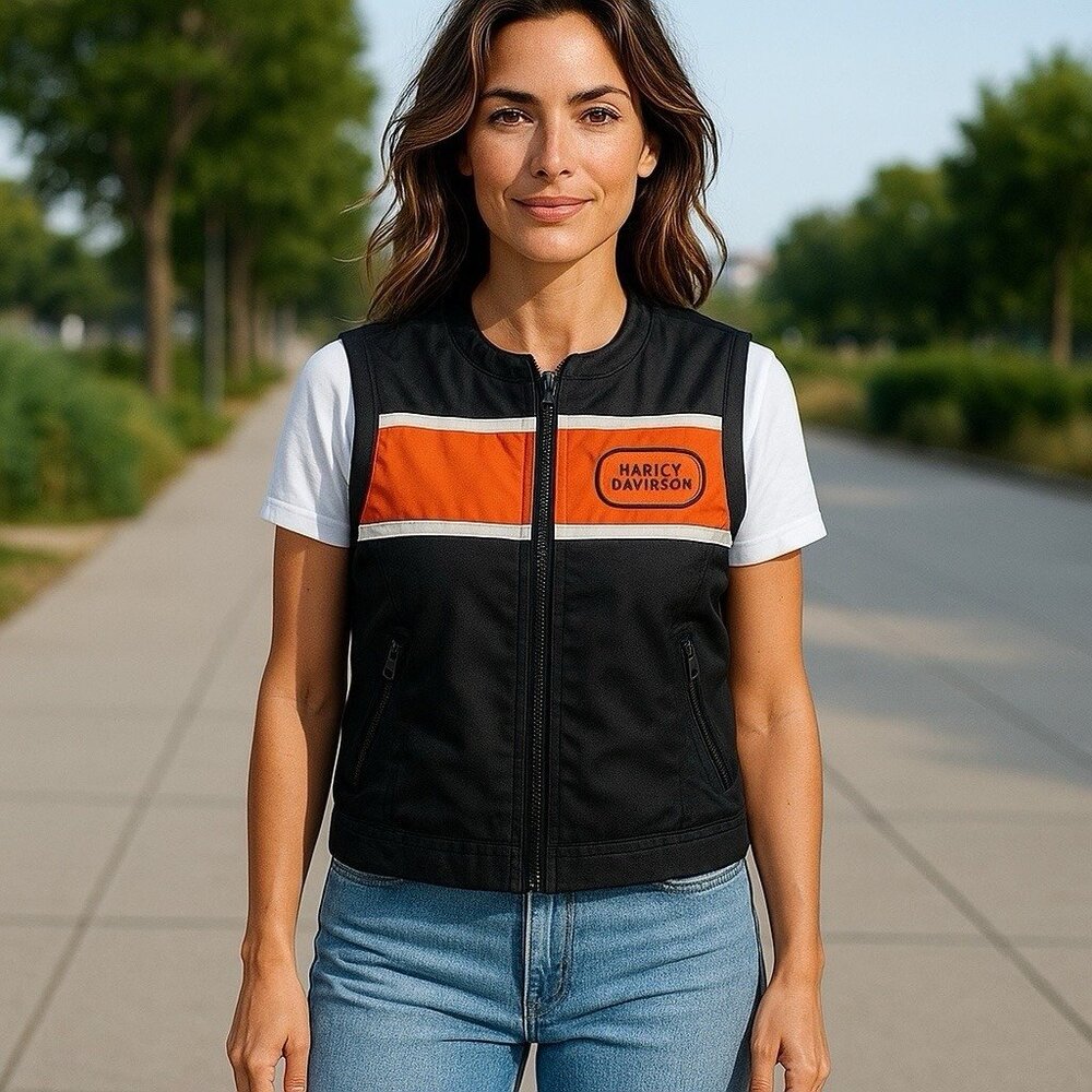 *Harley Davidson Womens Vest Size XS Black Racing Zip Motorcycle Biker Nylon